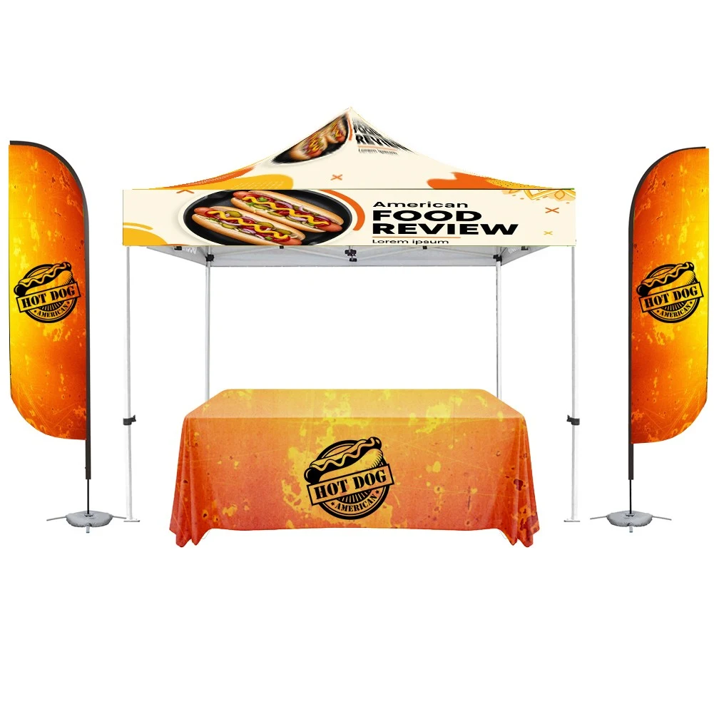 10x10 White Steel Canopy Tent With 2 Feather Flags & Table Throw 1
