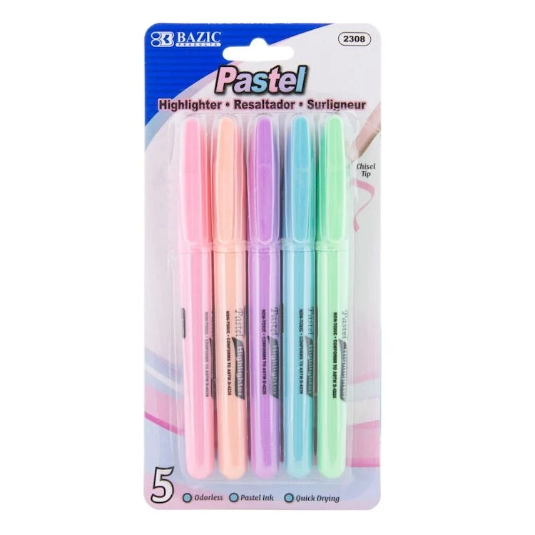 Pastel Chisel Tip Highlighters - 5 Colors 1