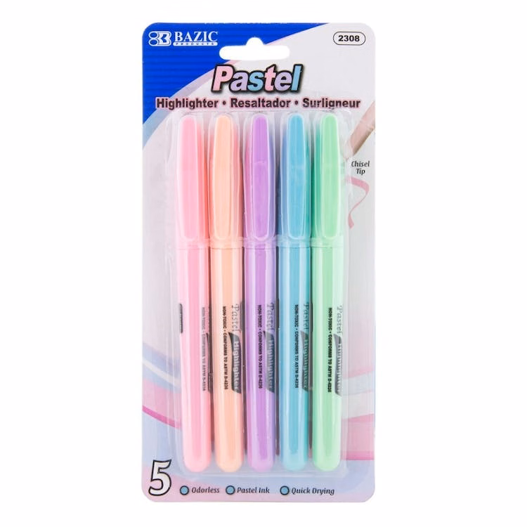 Pastel Chisel Tip Highlighters - 5 Colors