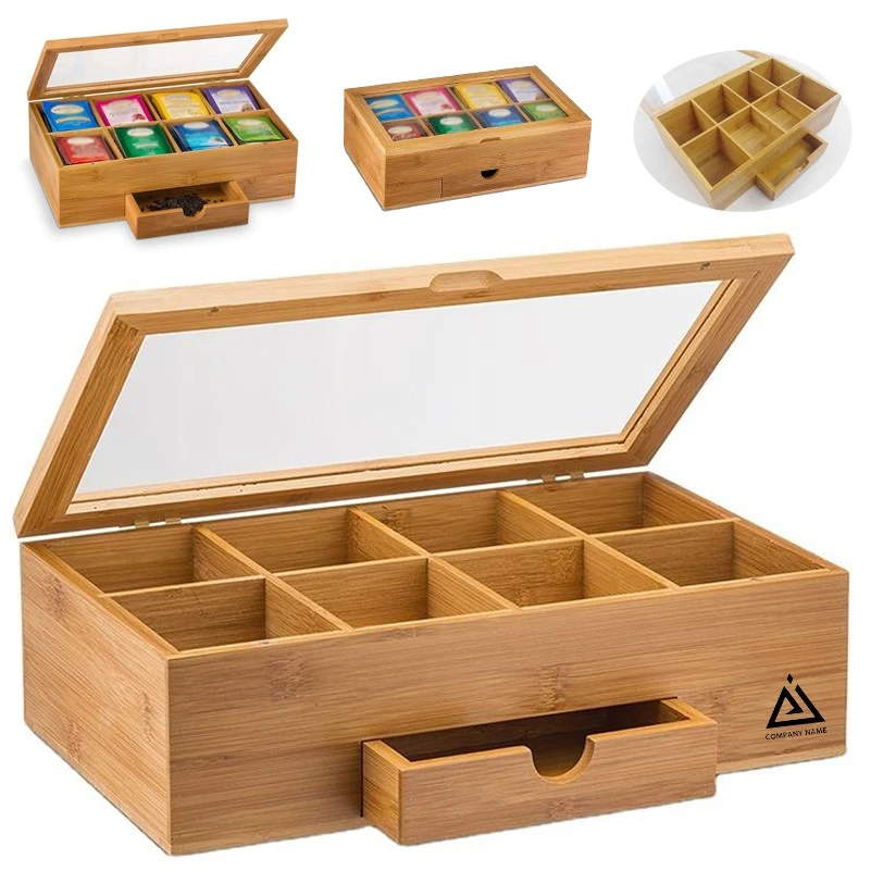 Bamboo Tea Box Storage with Drawer Acrylic Window 1