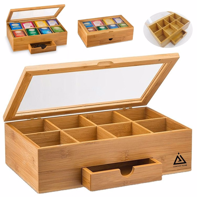 Bamboo Tea Box Storage with Drawer Acrylic Window