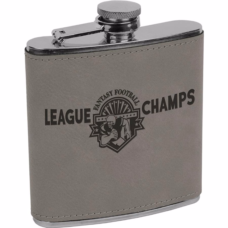 Laser Engraved Leatherette Covered Stainless Steel Flask - Gray