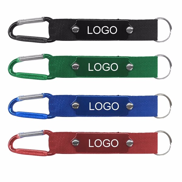 Custom Metal Carabiner Keychain with Laser-Engravable Plate & Strap — Travel Promo