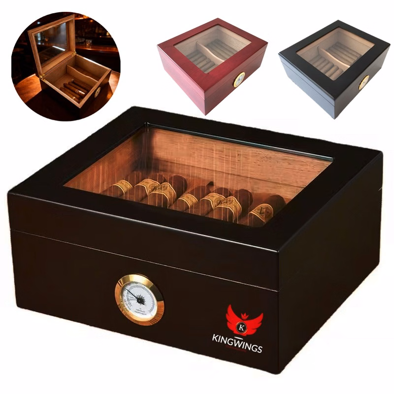 Glass Top Cigar Storage Box Wooden Humidor Case