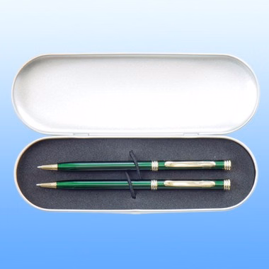 DOUBLE GREEN PENS IN A METAL BOX