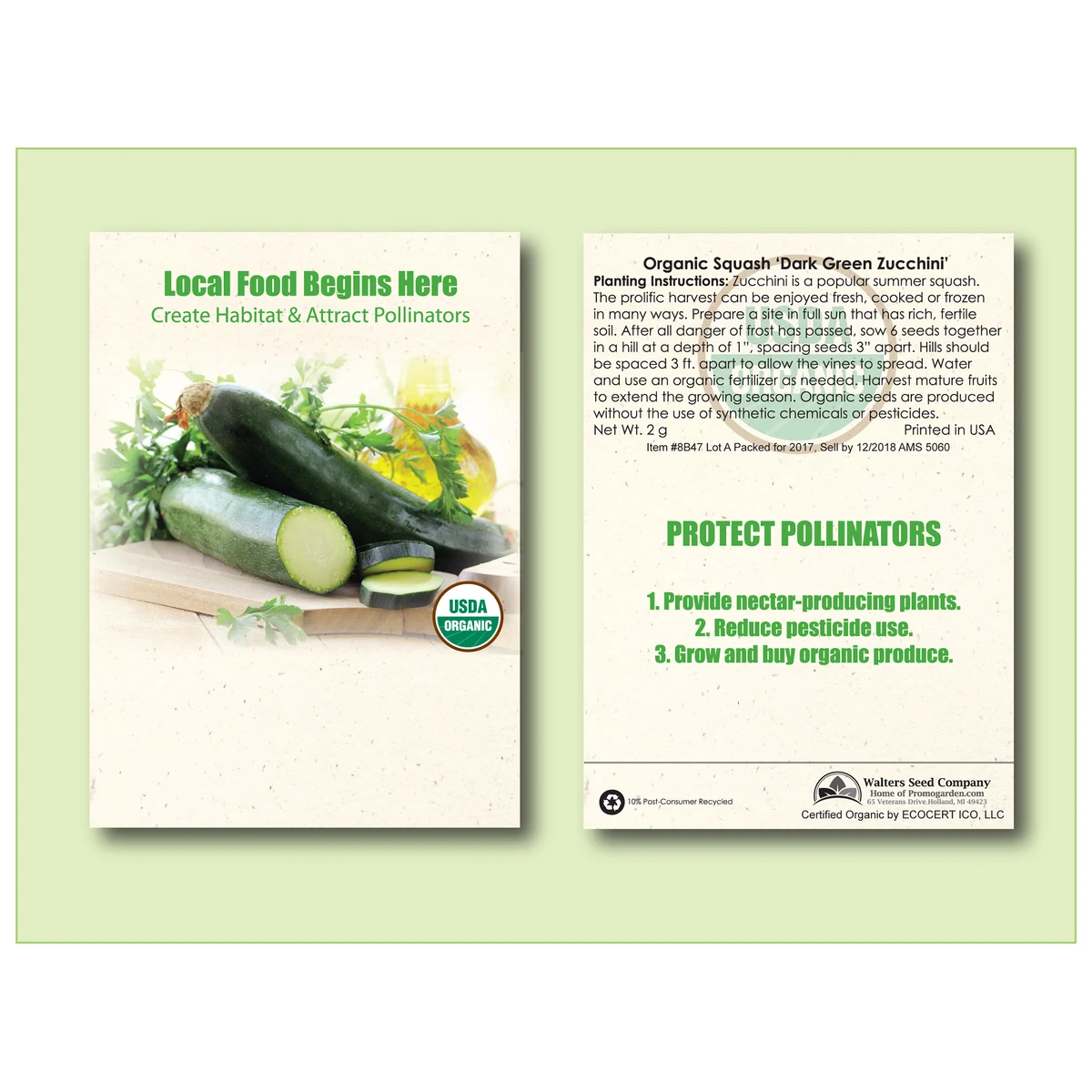Organic Squash Dark Green Zucchini Seed Packet - Standard Size 3.25" x 4.5" 1