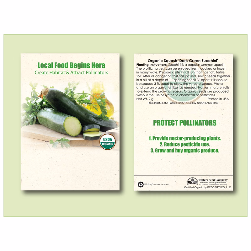 Organic Squash Dark Green Zucchini Seed Packet - Standard Size 3.25" x 4.5"
