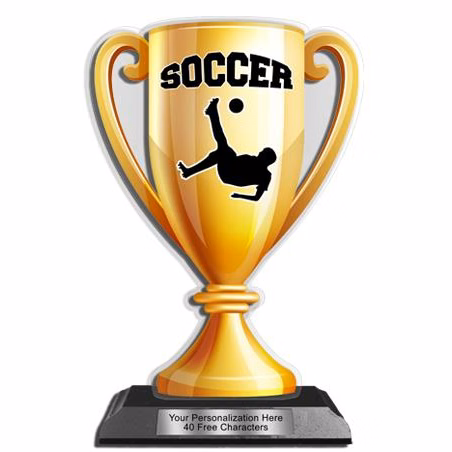 Acrylic Trophy: 6" Cup, Soccer Design, 3x5" Black