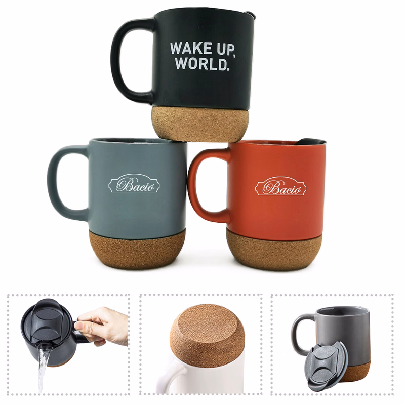 11 oz Cork Bottom Ceramic Custom Mug with Lid
