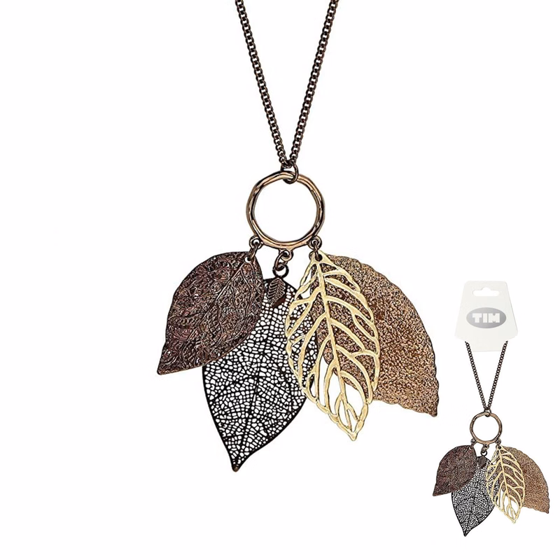 Gold&Silver Double Color Autumn Leaf Pendant Necklace