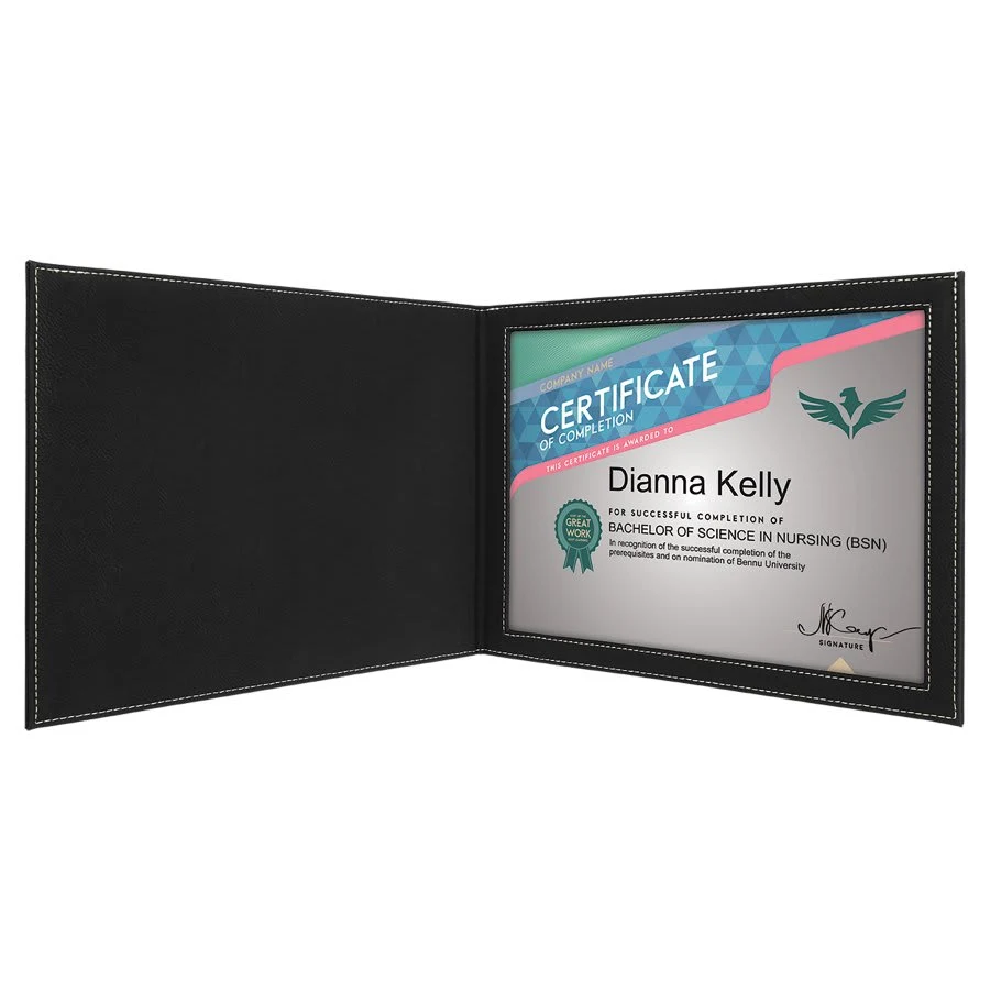 9" x 12" Black/Silver Leatherette Certificate Holder for 8 1/2" x 11" 1