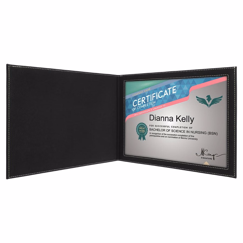 9" x 12" Black/Silver Leatherette Certificate Holder for 8 1/2" x 11"