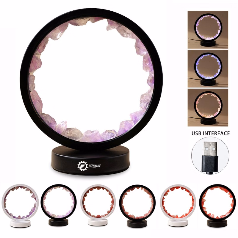 Natural Amethyst Round Crystal Lamp Healing Stone Crystal Led Night Atmosphere Light Bedside Lamp