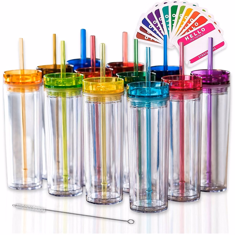 16Oz Double Wall Skinny Acrylic Tumblers With Lid And Straw
