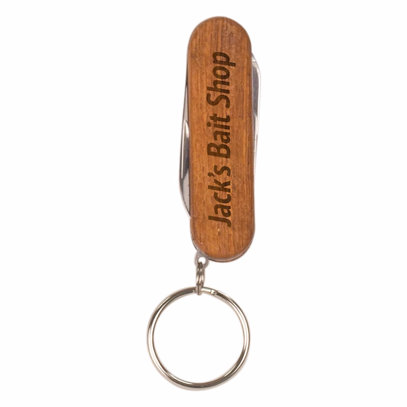 2 1/4" Brown Wooden 3-Function Pocket Knife with Keychain