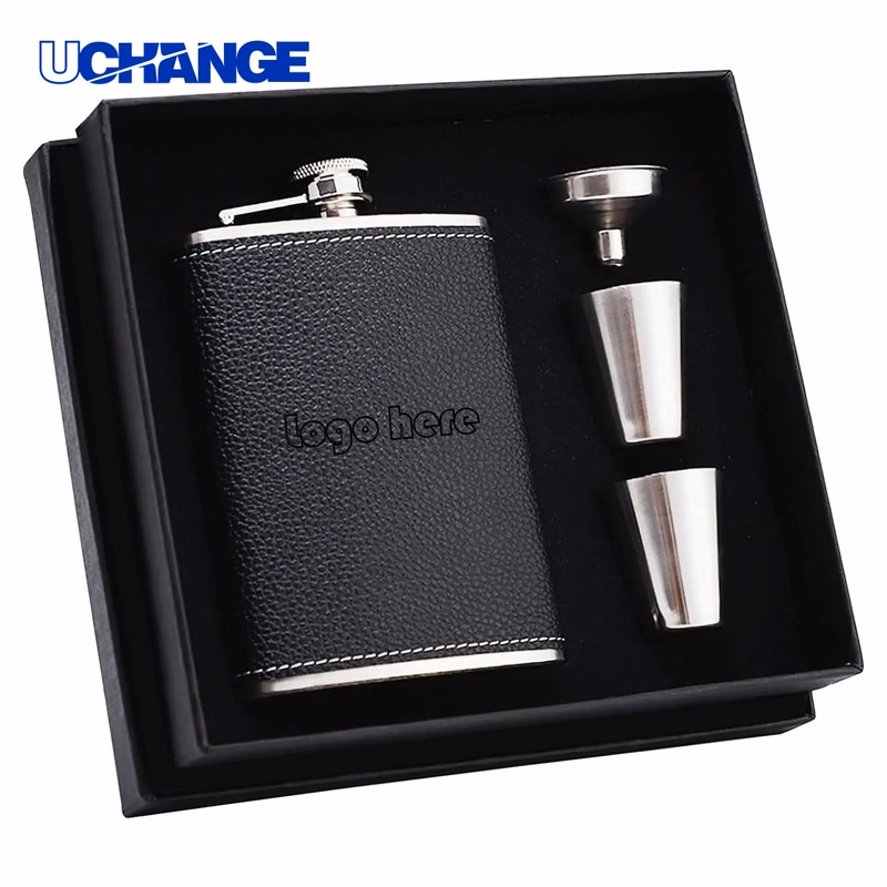Leather Wrap Hip Flask Gift Set Container