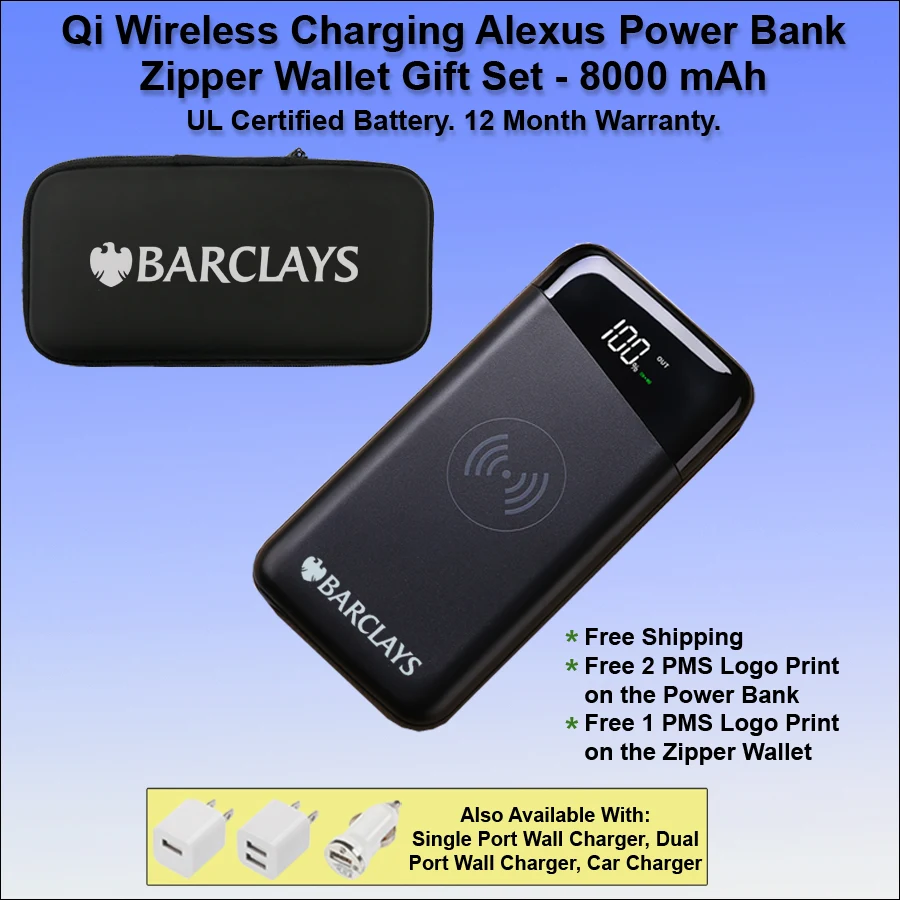 Qi Wireless Charging Alexus Power Bank Zipper Wallet Gift Set 8000 mAh - Black 1