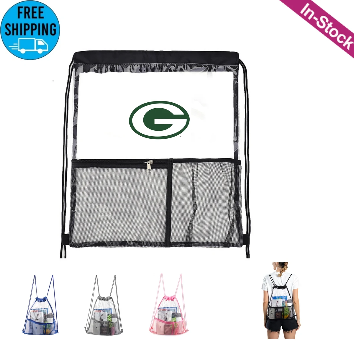 Clear PVC Drawstring Backpack Bag with Front Zipper Mesh Pocket 1