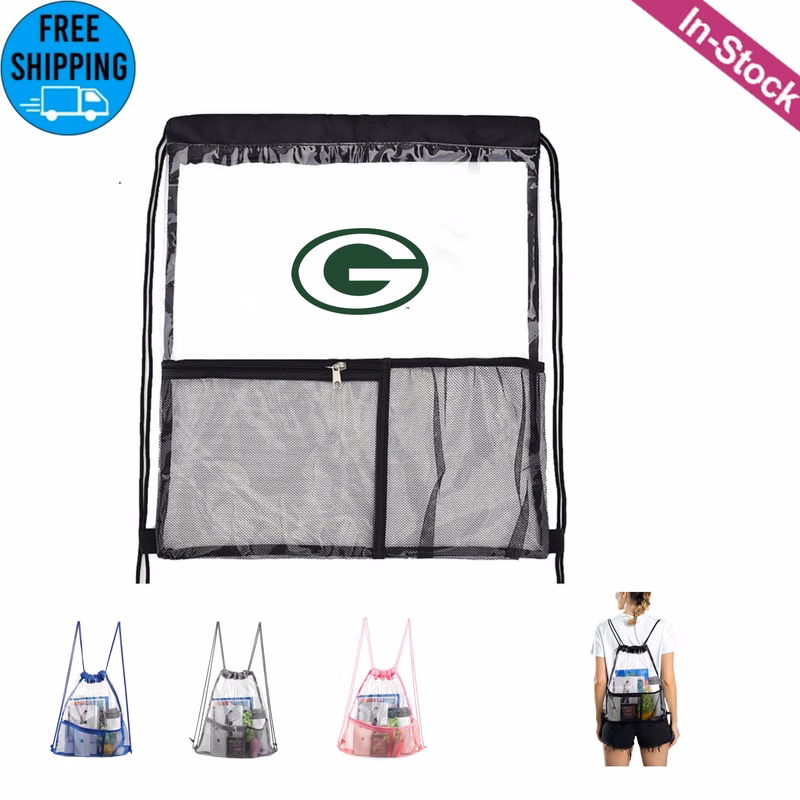 Clear PVC Drawstring Backpack Bag with Front Zipper Mesh Pocket