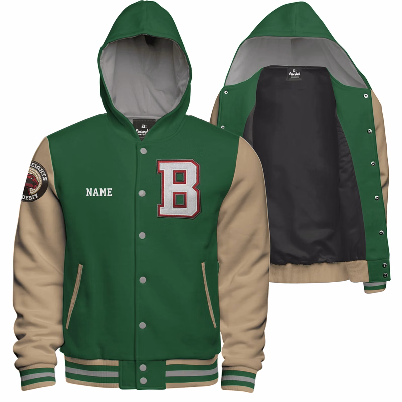 Hooded Cotton Fleece Varsity Jacket With Black Satin Lining