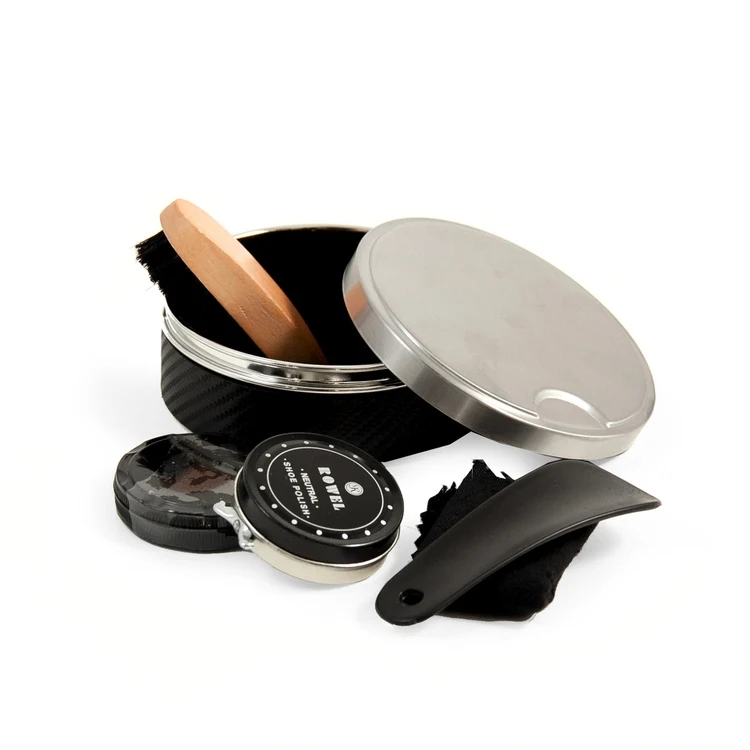 5 in 1 Shoe Shine Kit, Stainless & Black Genuine Leather Case 1