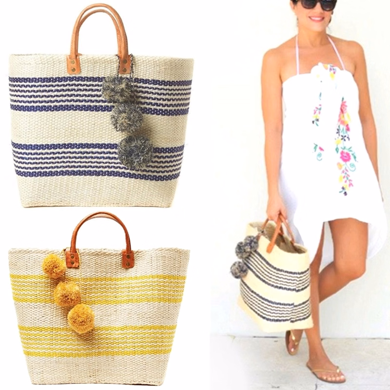 Straw Striped Beach Tote Bag