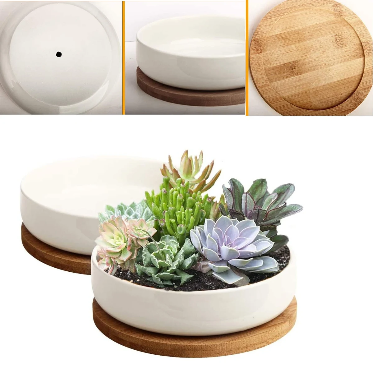 6 inch White Ceramic Flower Planter Pot with Bamboo Tray 1