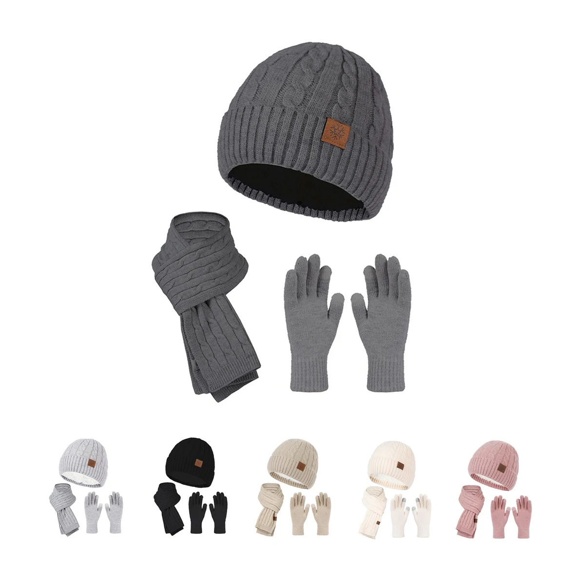 Winter Knit Beanie Hats and Touchscreen Gloves Long Scarf Set 1