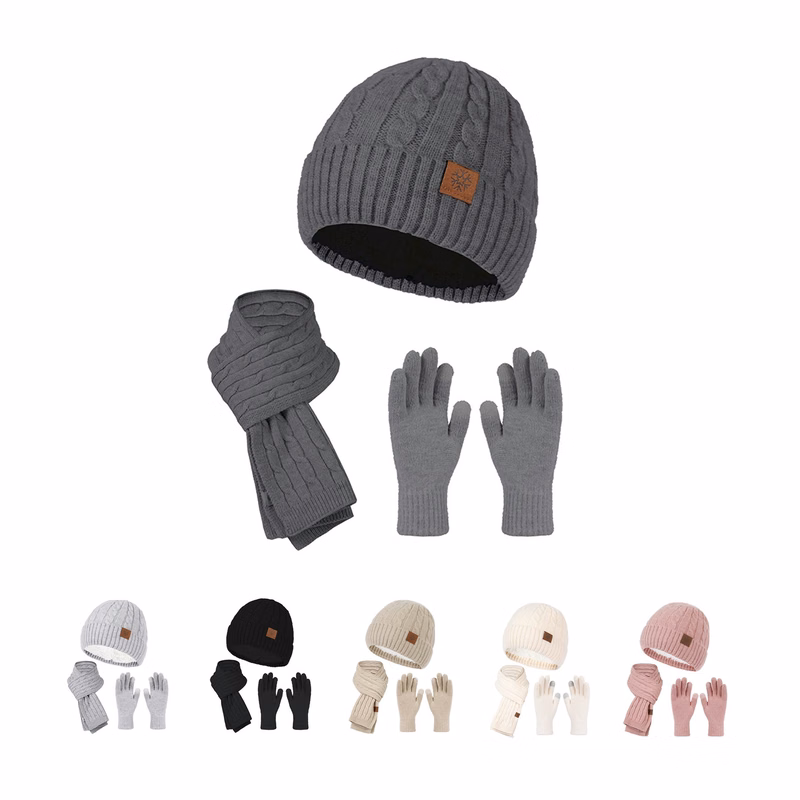 Winter Knit Beanie Hats and Touchscreen Gloves Long Scarf Set