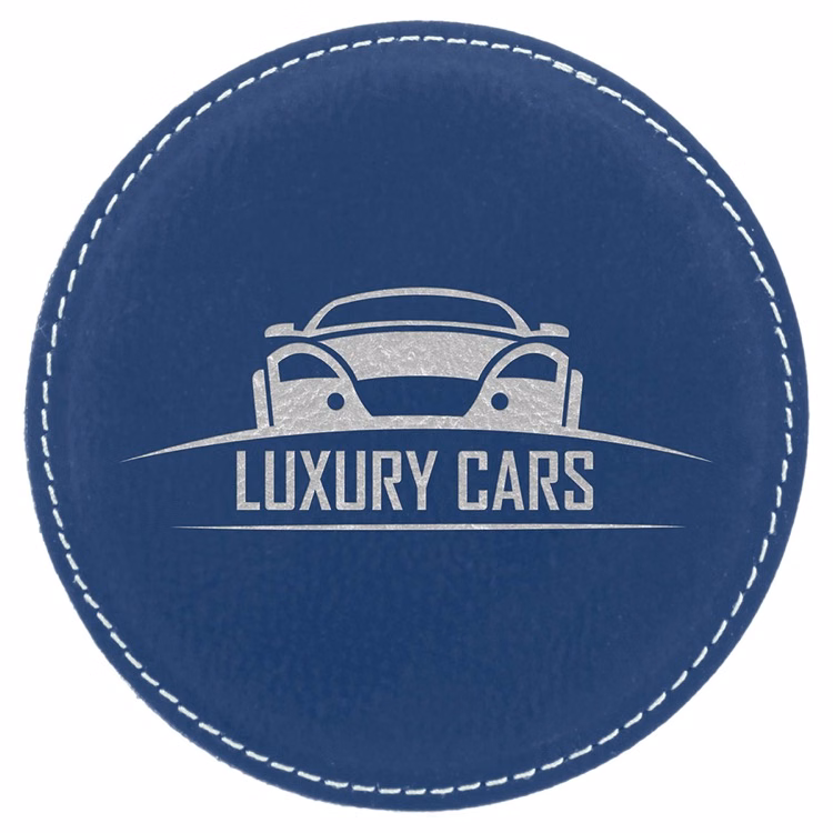 4" Round Blue/Silver Leatherette Coaster