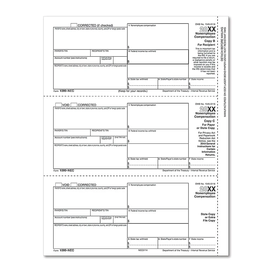 1099 NEC Recipient Copy B Payee & ST, Copy C & ST, 25 Sht/Pk 1