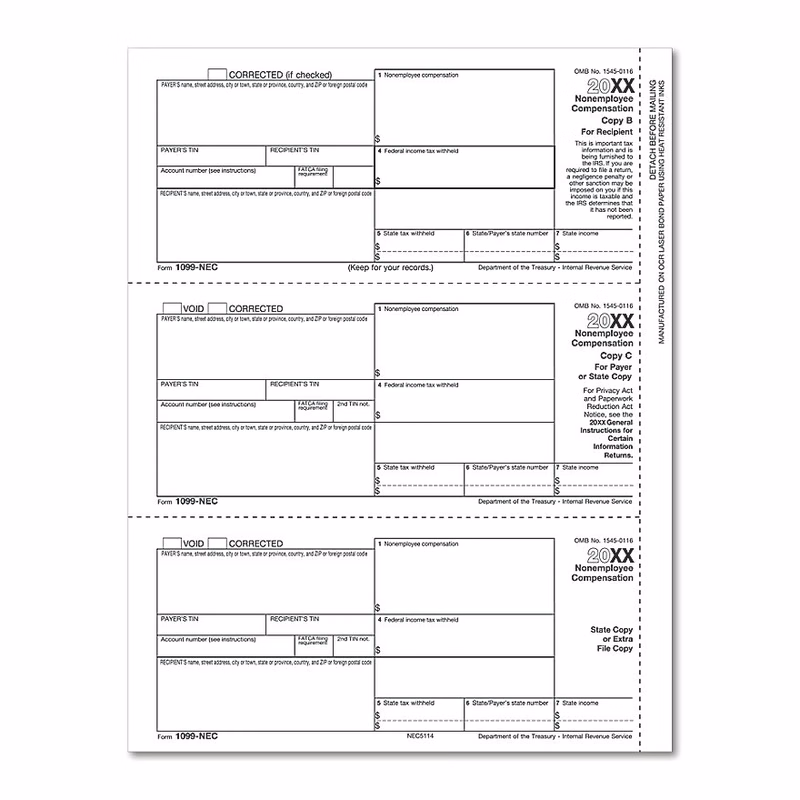 1099 NEC Recipient Copy B Payee & ST, Copy C & ST, 25 Sht/Pk