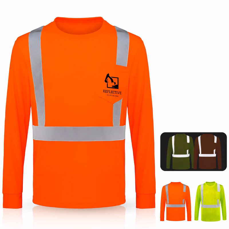 4 Oz. Class 2 Long Sleeve Hi Vis Reflective Safety T-Shirt W / Pocket