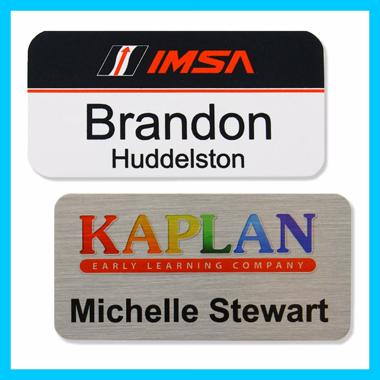The Athena full color .040 metal name badge 1 1/2" x 3