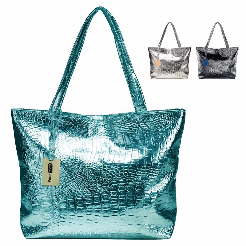 Pu Luxury Crocodile Pattern Tote In Shimmering Metallic Hues