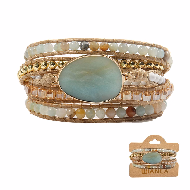 Natural Stone Crystal Leather Bead Wrap Bracelet