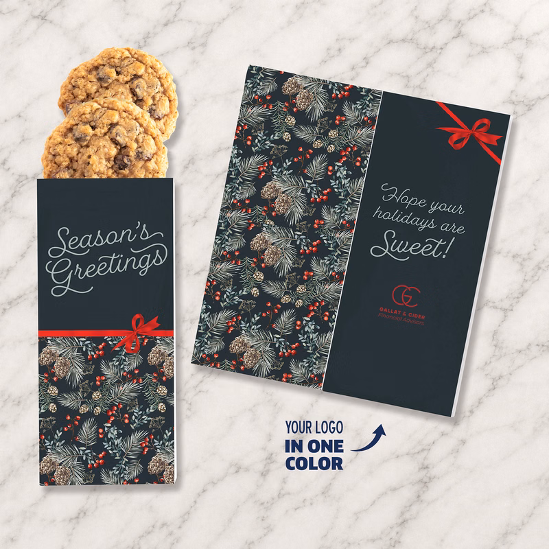 One Color Foil-Stamped Stock Pine Boughs & Berries Sweeter Cards with Oatmeal Raisin Cookies