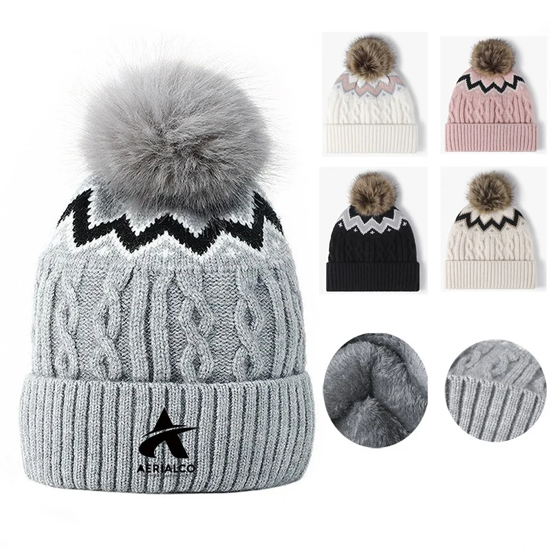 Acrylic Slouchy Firsile Beanie Cap Autumn Winter Embroidery Keep Warm Pom Pom Knit Beanie 1