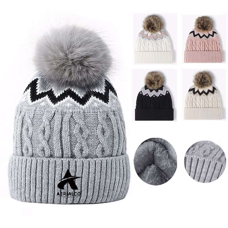 Acrylic Slouchy Firsile Beanie Cap Autumn Winter Embroidery Keep Warm Pom Pom Knit Beanie