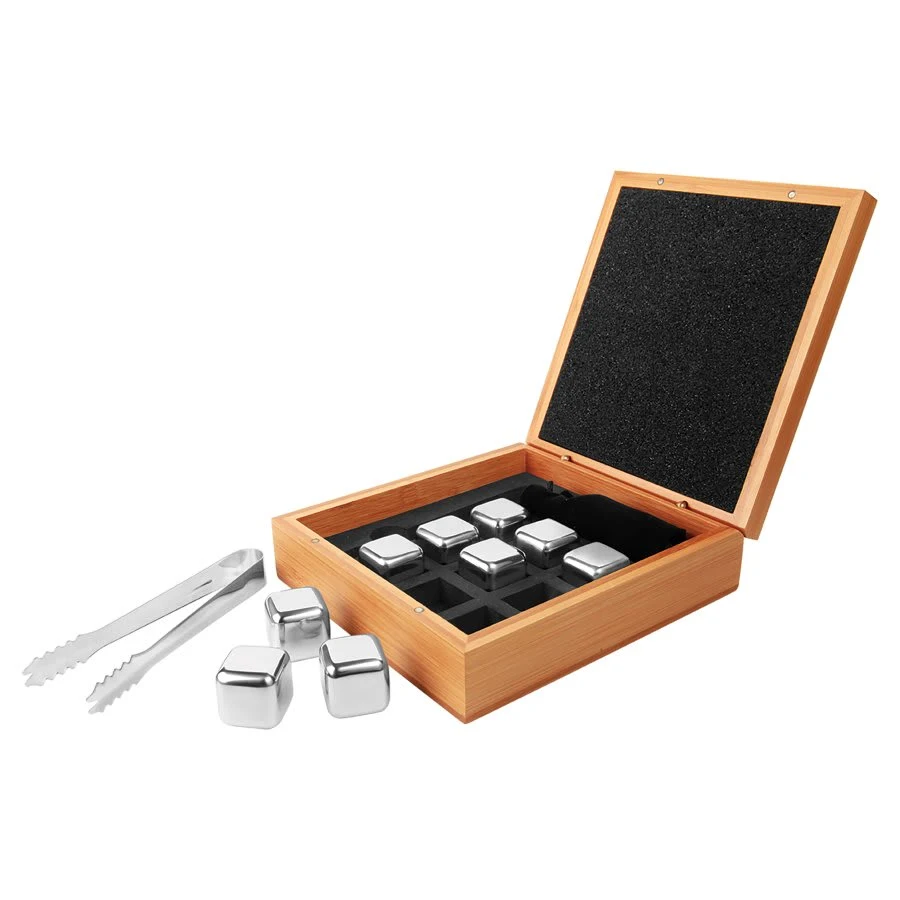 6 1/4" x 6 3/4" Brown/Silver Stainless Steel Whiskey Stone Set in Bamboo Case 1