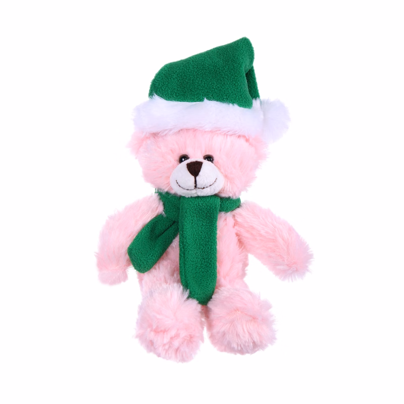 Soft Plush Stuffed Pink Bear with Christmas Hat and Scarf