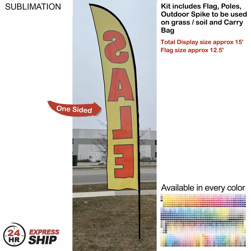 24Hr Express Ship- 15' Large Feather Flag Kit, Full Color Graphics One Side, Spike and Bag Included.