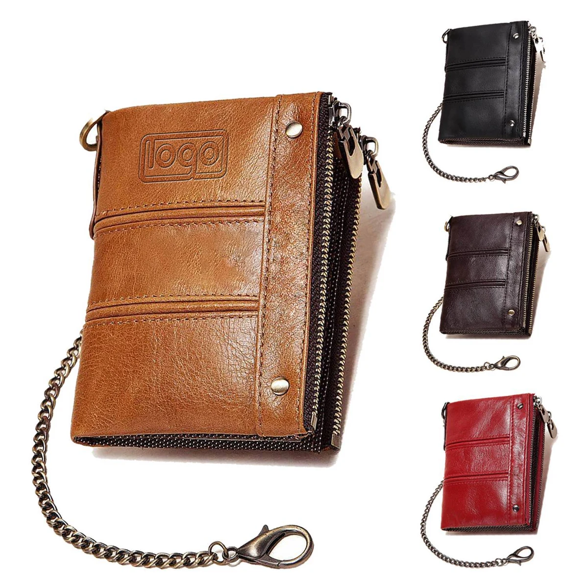 Genuine Leather Short Men's Double Zipper Wallet Purse 1