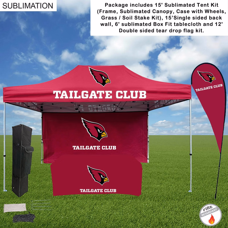 Game Day Tailgate Package, 15' Tent kit, 15' Backwall, Box Fit Tablecloth, and Double sided Flag Kit