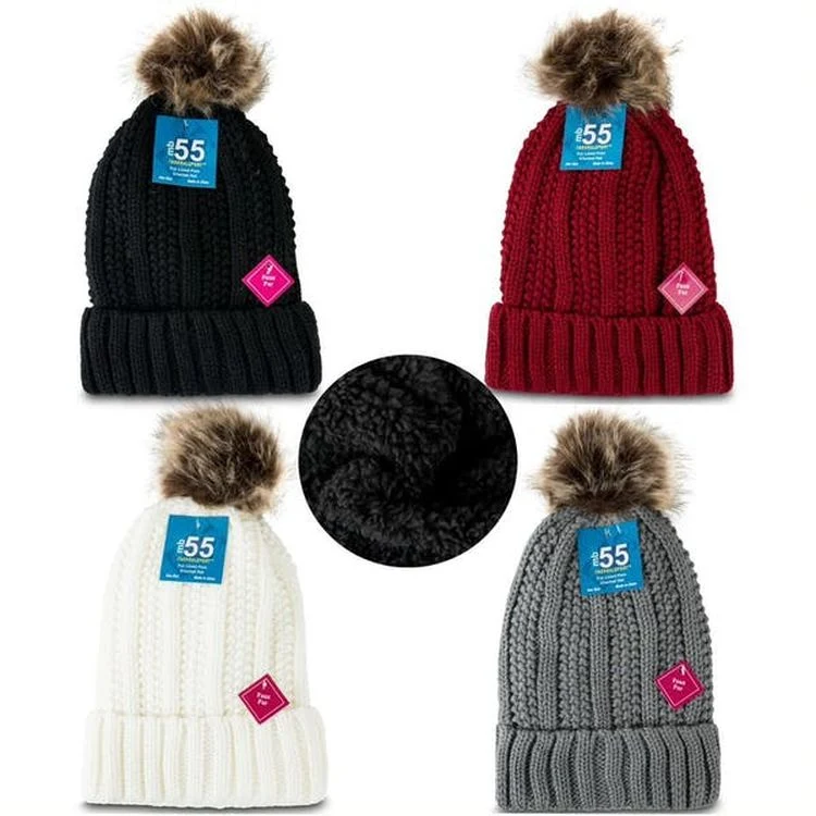 Women's Pom Crochet Hats - Faux Fur Lined Assorted Color 1