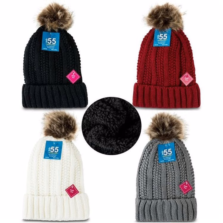 Women's Pom Crochet Hats - Faux Fur Lined Assorted Color