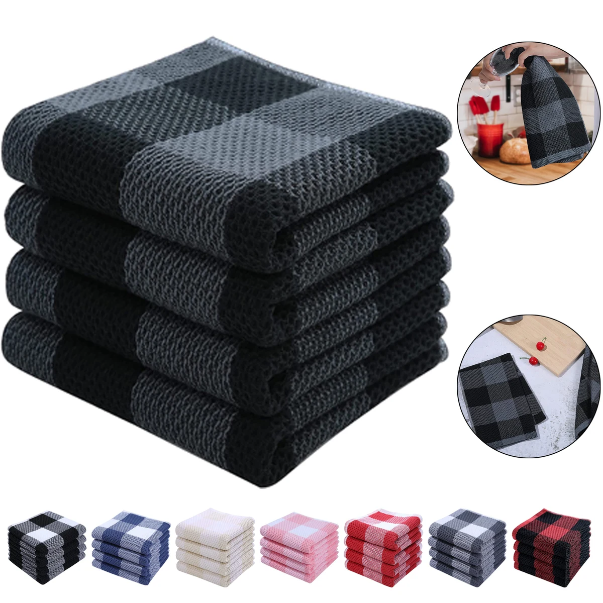 100% Cotton Waffle Weave Check Plaid Kitchen Towels 1