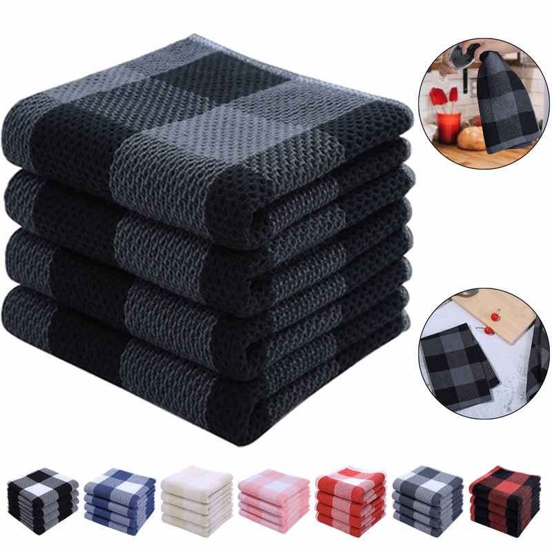100% Cotton Waffle Weave Check Plaid Kitchen Towels