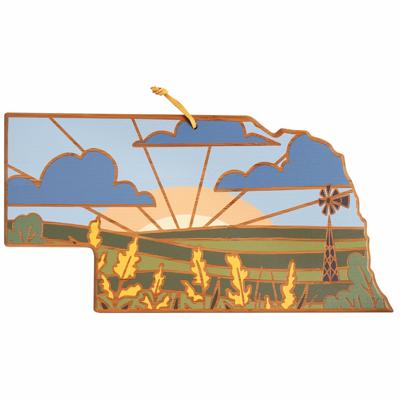 Nebraska State Shaped Serving and Cutting Board with Artwork by Summer Stokes