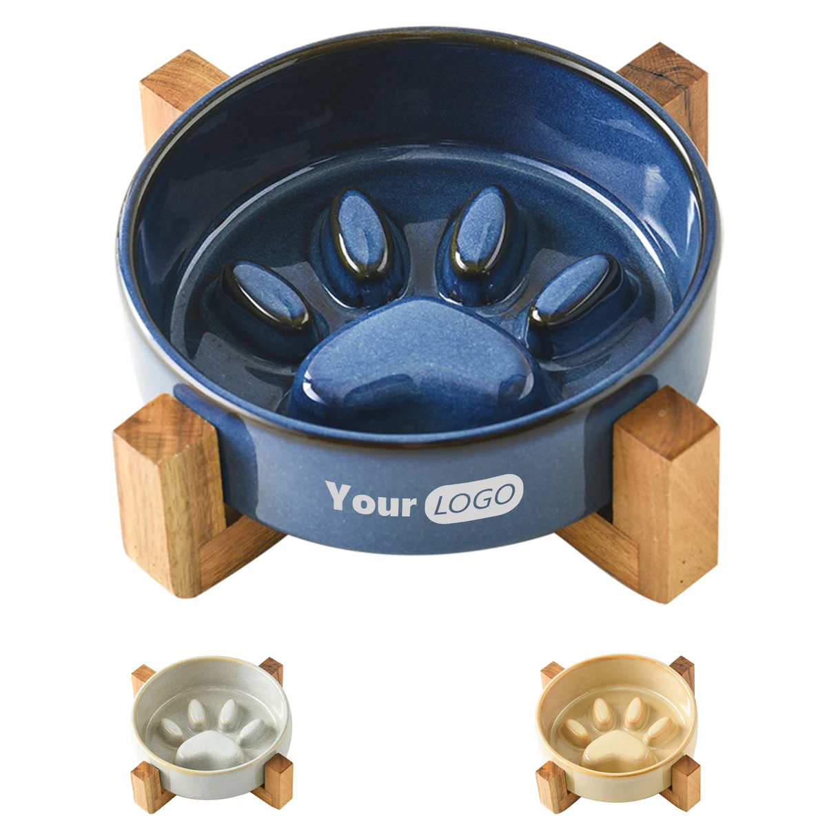 Ceramic Pet Slow Food Anti Choking Bowl With Wooden Frame 1
